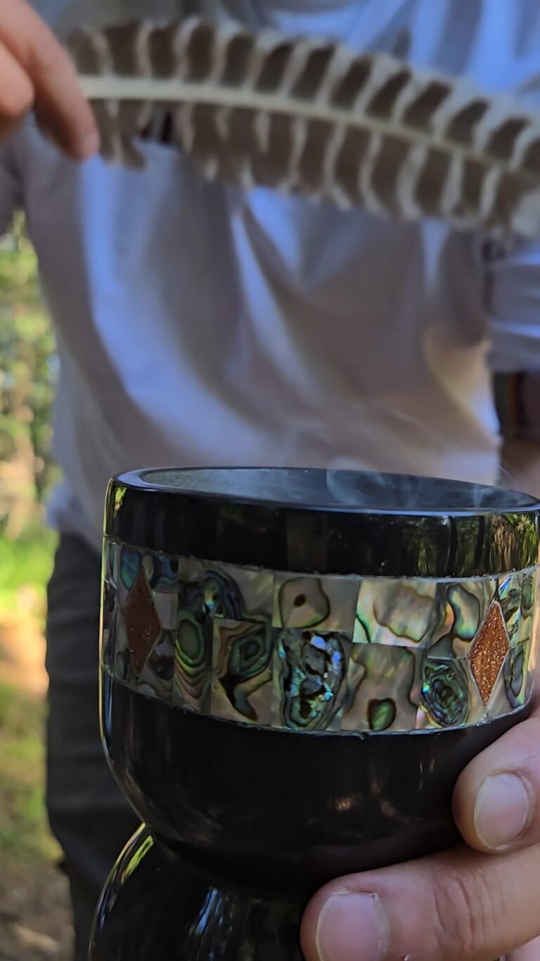 an incense burner containing copal resin with rising smoke