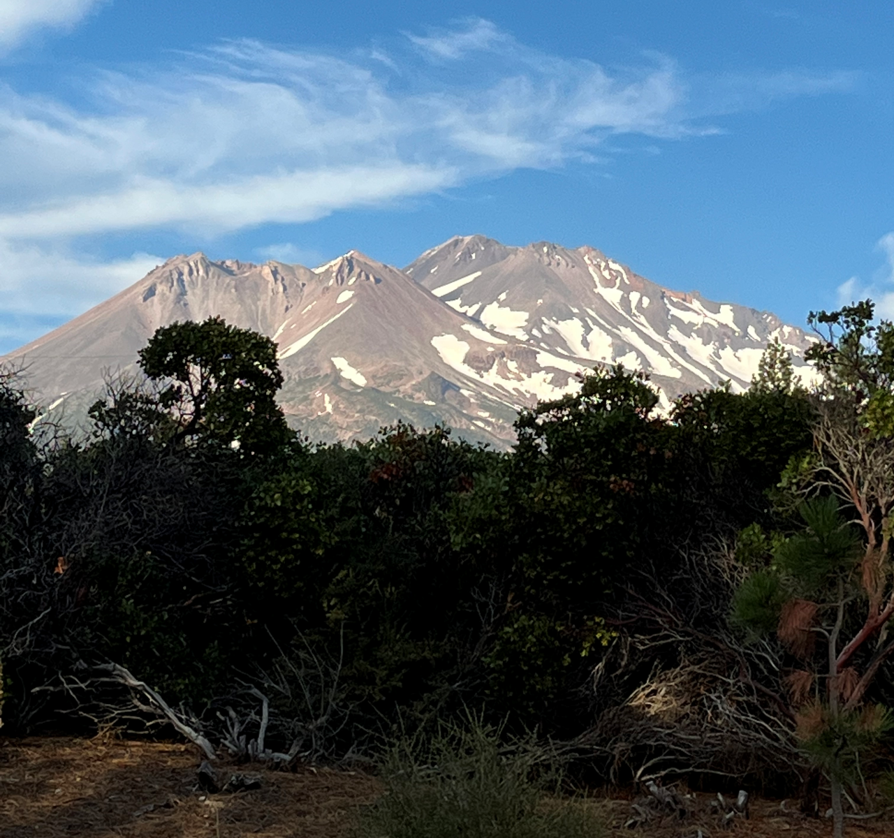 a photo of Mt. Shasta with elements of light and shadow
