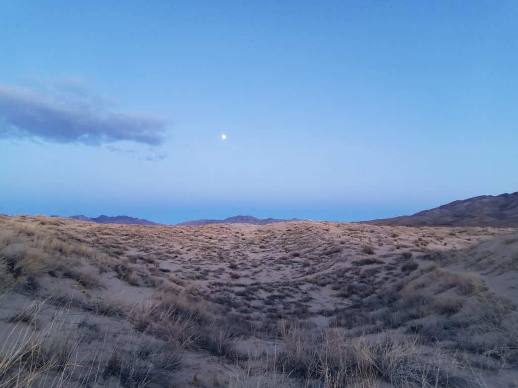 moon rising over the desert, a single gray cloud crosses the scene